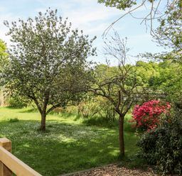 A garden with trees and flowering bushes near a wooden fence at Harvest Lodge in Wineham near Bolney