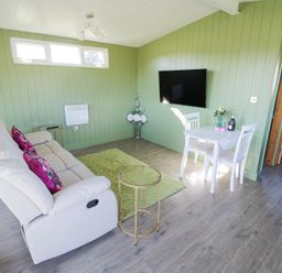 A living room with a white sofa pink pillows a green rug a small table a dining table with two chairs a TV on the wall and a view into a bathroom at Cotswold View 1 in Honeybourne