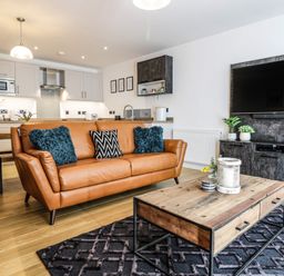 A living room with a brown leather sofa with cushions a wooden coffee table a dark TV unit with plants and a television at 2 Pensyflog Barns in Porthmadog
