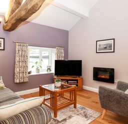 A living room with a striped sofa a gray armchair a wooden coffee table a television and a small electric fireplace at Low Ashmead Cottage Hawkshead