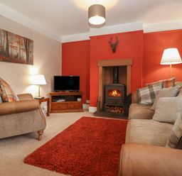 A living room with a wood burning stove and TV at Rayside in Ullswater