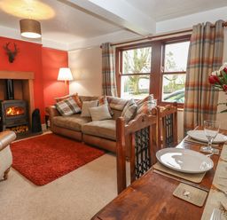 A living room with a wood burning stove a brown sofa with cushions a red rug and a dining table with plates and glasses at Rayside in Ullswater