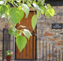 A stone wall with a wooden door a black metal railing and a potted plant at The Hayloft in Helston