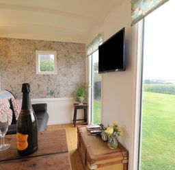 A small living room with a leather sofa pillows a wooden table with a bottle and glasses a wall map a mounted TV a window and a chest with flowers at Shepherds Hut in Colton near Rugeley Staffordshire