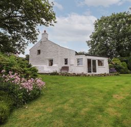 A white stone house with a green lawn and various bushes and trees around at Penllain in Newport Pembrokeshire