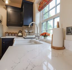 A kitchen countertop with a sink a paper towel holder a flower vase and dark cabinets at Postbox Cottage in Feltwell