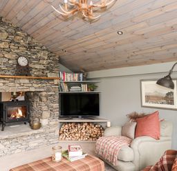 A living room with a stone fireplace with a burning wood stove wood logs under a TV shelves with books an armchair with cushions and a throw a standing lamp and a framed picture on the wall at The Hare's Shack in Garnett Bridge Longsleddale Near Kendal