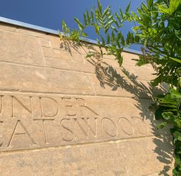 A stone wall engraved with Under Catswood partially covered by green leaves and a blue sky