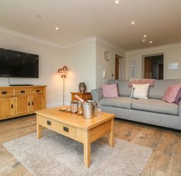 A living room with a gray sofa with cushions a wooden coffee table with a bottle and glasses a wooden cabinet with a flat screen TV and a floor lamp at The Lobster Pot in Westward Ho