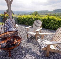 An outdoor seating area with three wooden chairs around a fire pit with a grill and a green hedge in the background at Sewin Cottage Golden Grove near Llandeilo