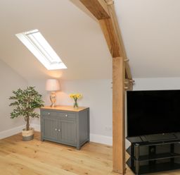 A room with a TV on a black stand a wooden cabinet with a lamp and flowers and a potted plant at Lugg View in Cross Keys near Hereford