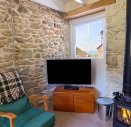 A living room with a television and stove at Dolwylan Barn Cwmtydu near New Quay