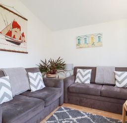 A living room with two sofas with chevron cushions and a plant between them at 224 Atlantic Bays in St Merryn