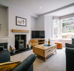 A living room with a wood stove fireplace a television on a wooden stand a wooden coffee table with drinks and cushions on blue sofas at Craig Cottage in Bowness-On-Windermere