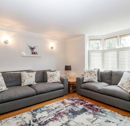 A living room with two gray sofas and decorative pillows a colorful rug and a wooden side table with a lamp at Oakapple Cottage in Swan Green near Lyndhurst