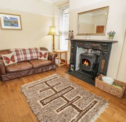 A living room with a leather sofa armchair rug fireplace and a wall mirror at Ty Capel in Betws-Y-Coed