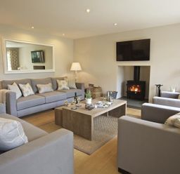 A living room with sofas a wooden coffee table a fireplace and a wall-mounted TV at 3 The Drive Hillfield Village Dartmouth