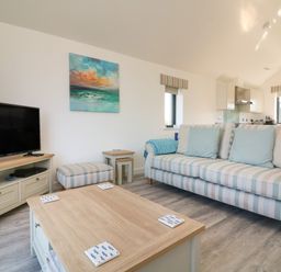 A living room with a striped sofa, wooden coffee table, TV on a stand, and a painting on the wall at Seaquel in Westward Ho