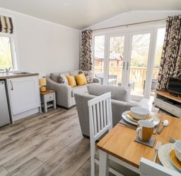 A kitchen and living area with a dining table set for two a sofa armchair and television at Dove Lodge Highampton near Sheepwash