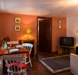 A dining table with three chairs and tableware in a living room with a television and lamps at The Stable in Fethard-On-Sea County Wexford