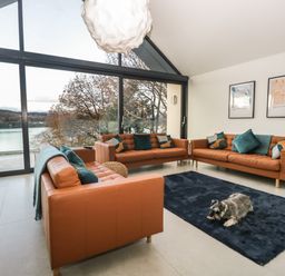 A living room with three brown sofas and a dog lying on a dark rug at Kessock in Bowness-On-Windermere