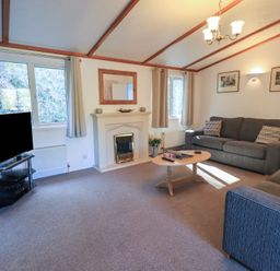 A living room with two sofas a coffee table a TV on a stand and a fireplace at Walkers Retreat Lodge Fellside 5 Limefitt Park near Windermere