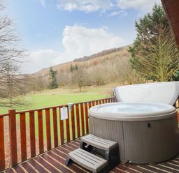 A wooden deck with a hot tub and steps overlooking a field and wooded hillside at Wainwright Lodge in Kirkstone 27 Limefitt Park near Windermere