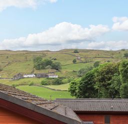 Roofs of wooden buildings with grassy hills and trees in the background at Pheasant's Nest Kirkstone 11 Limefitt Park near Windermere
