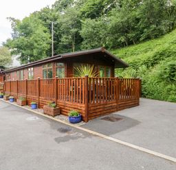 A wooden lodge with a fenced patio and potted plants on a paved driveway surrounded by trees at Ambleside Lodge Fellside 3 Limefitt Park near Windermere