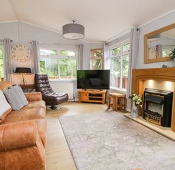 A living room with a leather sofa and chair a television and a fireplace at Ambleside Lodge Fellside 3 Limefitt Park near Windermere
