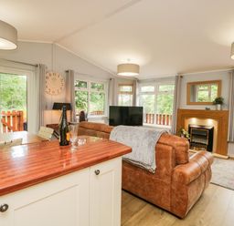 A living room with brown leather sofas a wooden fireplace and a kitchen island at Ambleside Lodge Fellside 3 Limefitt Park near Windermere