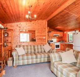 A living room with two plaid sofas pillows wooden kitchen and refrigerator at Rowan Lodge in Pinewood 16 Limefitt Park near Windermere