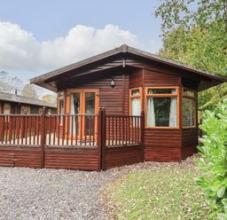 A wooden cabin with a fenced porch surrounded by trees and gravel at Cedar Lodge in Langdale 20 White Cross Bay near Windermere