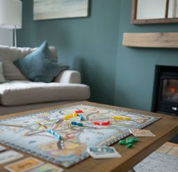 A board game set up on a wooden table in a living room with a sofa and cushions and a fireplace in the background at Fairhaven in Dartmouth