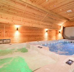 A hot tub with green and blue lighting inside a wooden room at Tynewydd Fields in Cross Inn