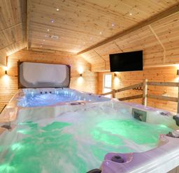 An indoor room with wooden walls and ceiling featuring a large hot tub with green and blue lights and a wall-mounted television at Tynewydd Fields in Cross Inn