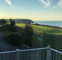 A view of a grassy field with bushes and trees near the coast with a hill and sea in the background at Aelwyd Y Don in Tresaith