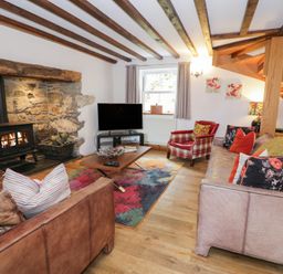 A living room with a fireplace and sofa at Greffyn in Betws-Y-Coed