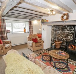 A living room with a wood stove and seating area at Orsedd Wen Farmhouse in Betws-Y-Coed