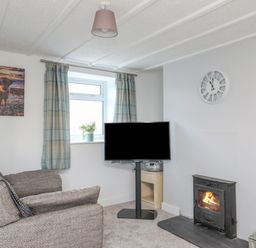 A living room with a sofa a television on a stand a fireplace and a window with curtains at Oscars Pad in Brynsiencyn