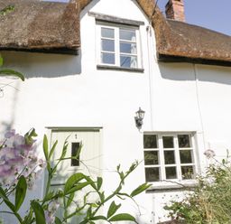 A white cottage with a thatched roof green door and flowers in the garden at 1 Old Thatch Kilve