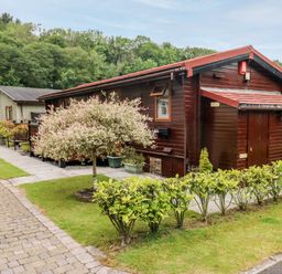 A wooden cabin with a red roof surrounded by a paved path bushes and trees at Heritage Park Stepaside near Kilgetty