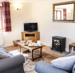 A living room with blue sofas a wooden coffee table a television a small stove and a window with red plaid curtains at The Cider House in Leominster