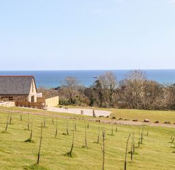 A field with small trees and a stone building near the coast at Apple Blossom Barn in Gulval near Penzance