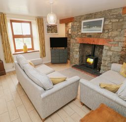 A living room with two sofas a stone fireplace and a grandfather clock at Brynawel in Llangynin near Llanboidy