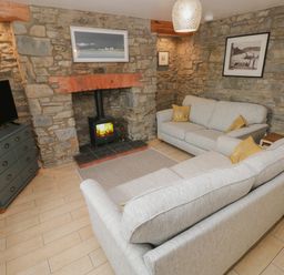 A sitting room with two sofas a wood burning stove and a television at Brynawel in Llangynin near Llanboidy
