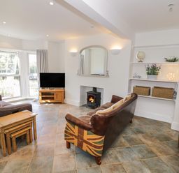 A living room with sofas a wood stove a television wooden tables and shelves at Florence Villas in Worcester