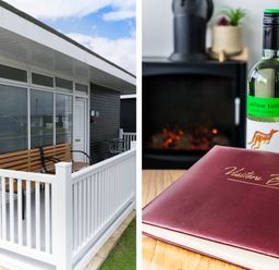 An outdoor patio with wooden bench and white railing next to a white door and a close up of a wine bottle and visitor book near a fireplace at 57 Cherry Park in Chapel St Leonards