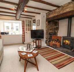 A living room with a fireplace wood burner tv on a stand coffee table and striped rug at Lavender Cottage in South Zeal