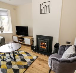 A living room with a TV on a stand a round coffee table a fireplace a gray armchair and patterned rug at Globe Cottage in Stratford-Upon-Avon